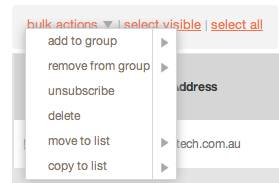 screenshot from mailchimp showing subscribers submenu with delete option