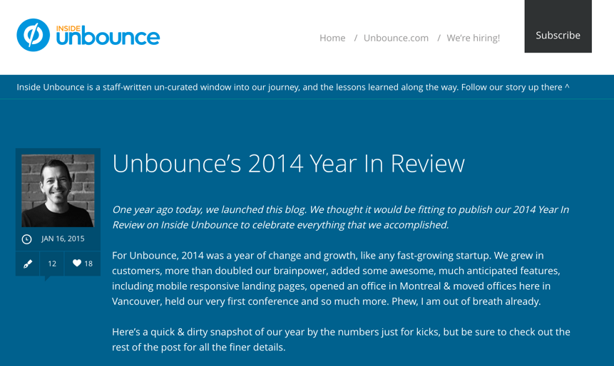 Screenshot of Inside Unbounce blog